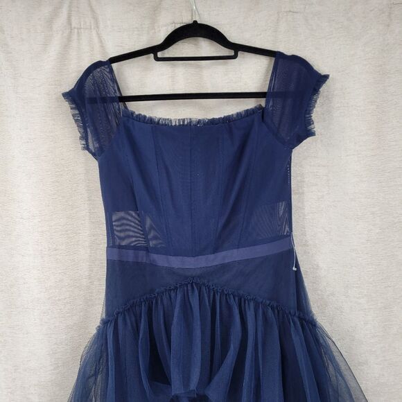 Betsy & Adam Navy Blue Off-Shoulder Formal See Through Corset Prom Dress - Picture 6 of 16